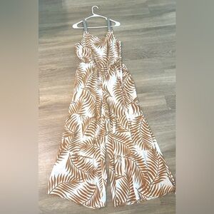 My street sleeveless M White Mustard Palm Print Bell Bottom Jumpsuit